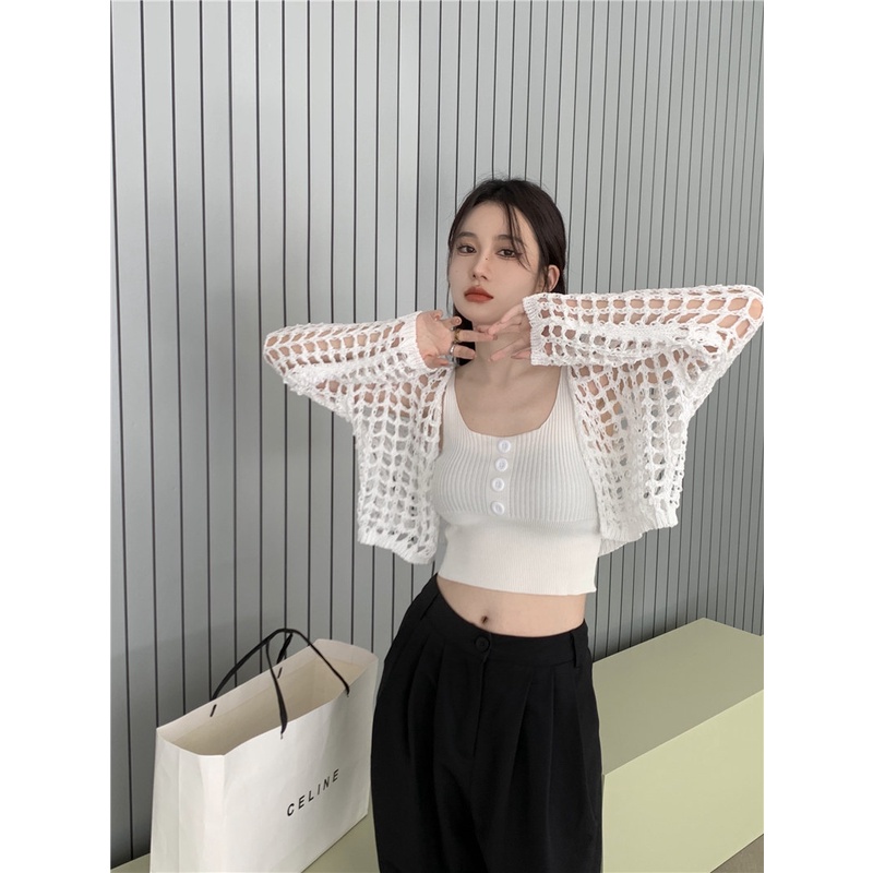 HUANG YOYO Set Áo Dây Dệt Kim + Áo Khoác cardigan Chống Nắng Thời Trang Hàn Quốc Cho Nữ