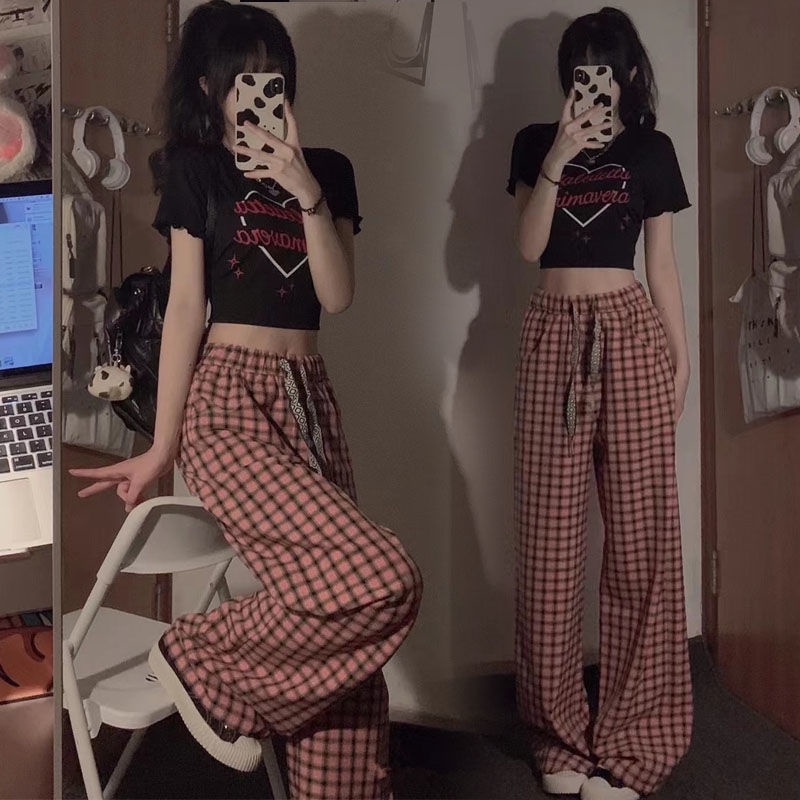 Bộ Áo Ngắn Tay + Quần Dài Ống Rộng Lưng Cao Kẻ Caro Đen Hồng Thời Trang Mùa Hè Cho Nữ