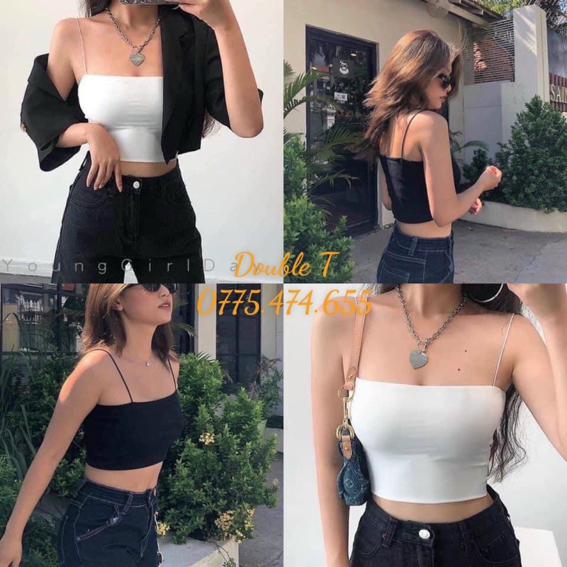 Áo 2 dây ngang ngực Croptop cotton 2 lớp , thun ống ôm body dây sợi bún