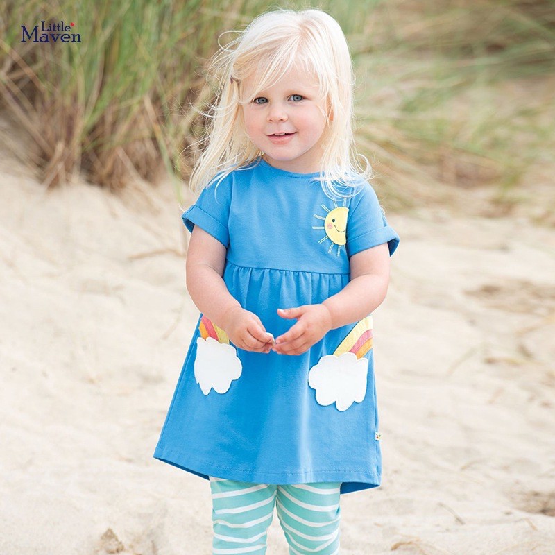 Váy babydoll cộc tay cầu vồng xanh Little Maven cho bé gái 2-7Y