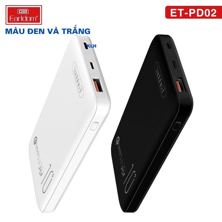 Pin sạc dự phòng 10.000 mAh, Pin tích điện tích hợp sạc nhanh Qualcomm 3.0 dung lượng chuẩn EU, Earldom PD 02 KLH