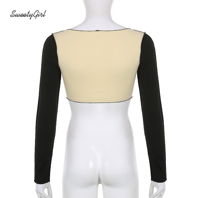 Áo Thun Tay Dài Cổ Vuông Ôm Eo Màu Sắc Tương Phản Quyến Rũ Thời Trang 2022 Cho Nữ