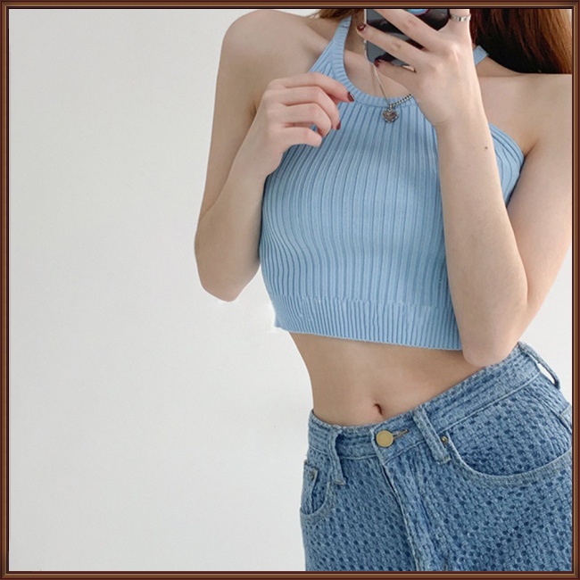Áo Croptop Dệt Kim Sát Nách Màu Sắc Đơn Giản Phong Cách Retro