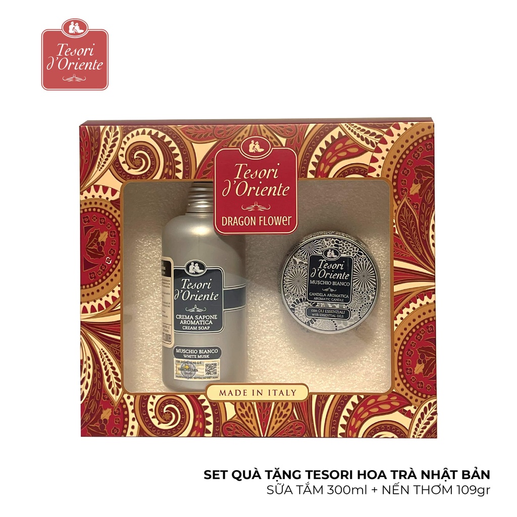 Bộ quà tặng Sữa tắm nước hoa 300ml và Nến thơm 109gr Tesori d'Oriente Xạ Hương Trắng