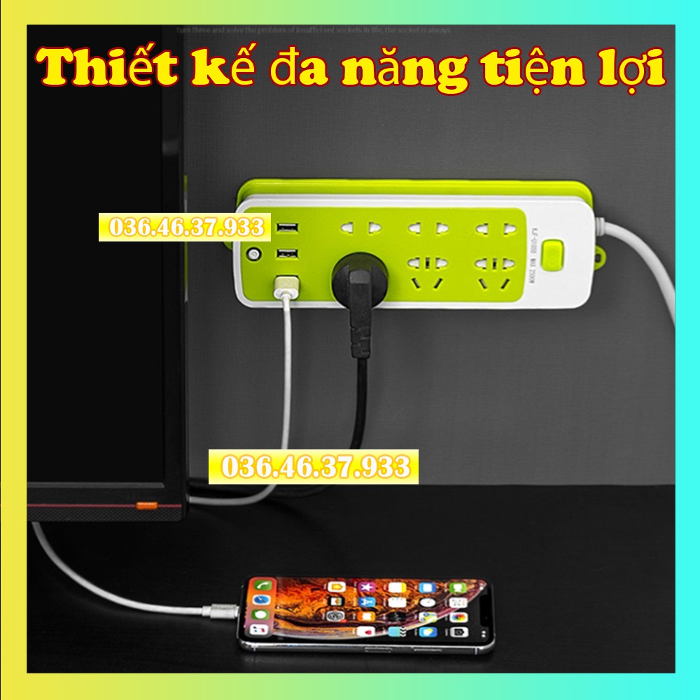 Ổ cắm điện đa năng có cổng USB sạc nhanh thông minh dây dài 1,5m thiết kế 6 lỗ chắc chắn màu xanh lá an toàn cách điện