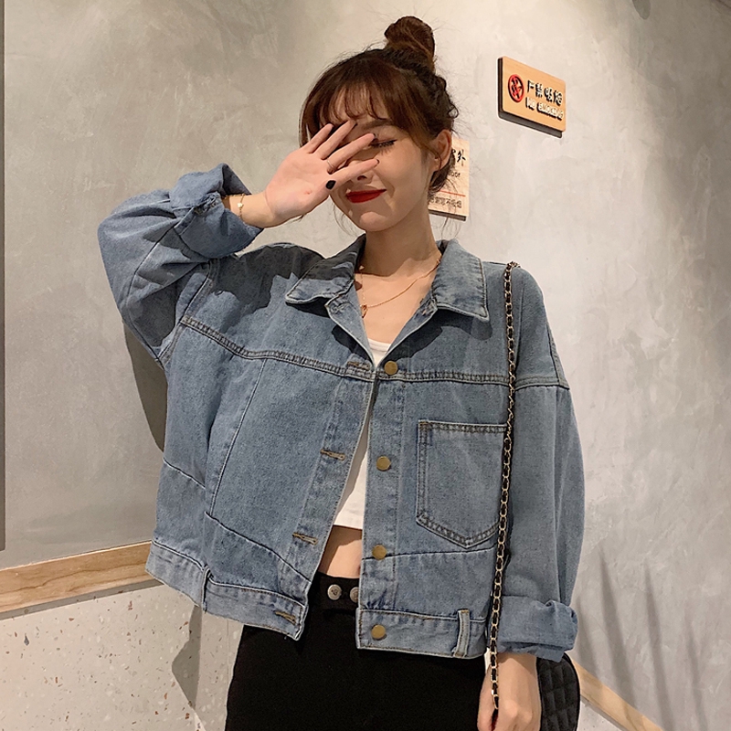 Early Korean blue short loose retro denim jacket for women
