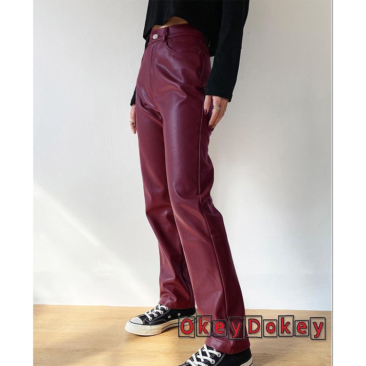 Quần dài da PU lưng cao kiểu dáng thời trang cho nữ