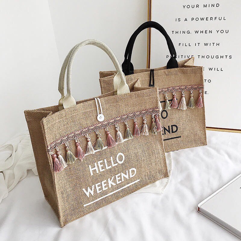 (hàng sẵn ) Túi cói hello weekend tua rua