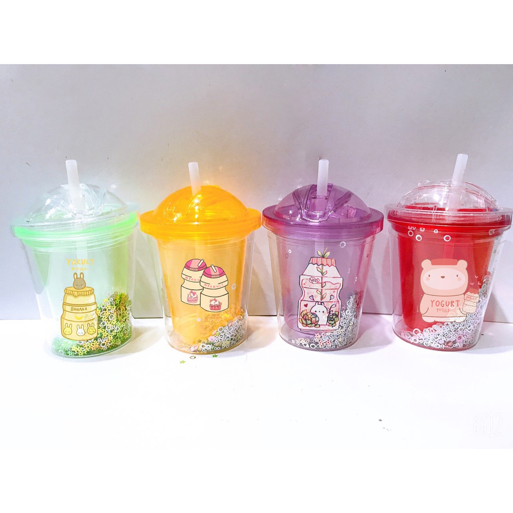 cốc 2 lớp kim tuyến yakult CNKI22 cốc giữ nhiệt ly 2 lớp cốc làm lạnh dễ thương 500ml