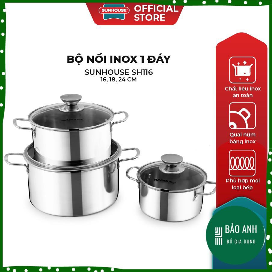 Bộ Nồi Inox 1 Đáy SUNHOUSE SH116 16, 18, 24 cm