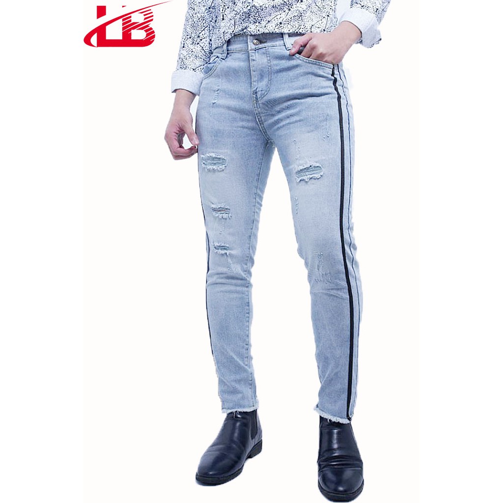Quần jean dài nam LB co giãn rách gối, cá tính, phối viên DNHQ1993