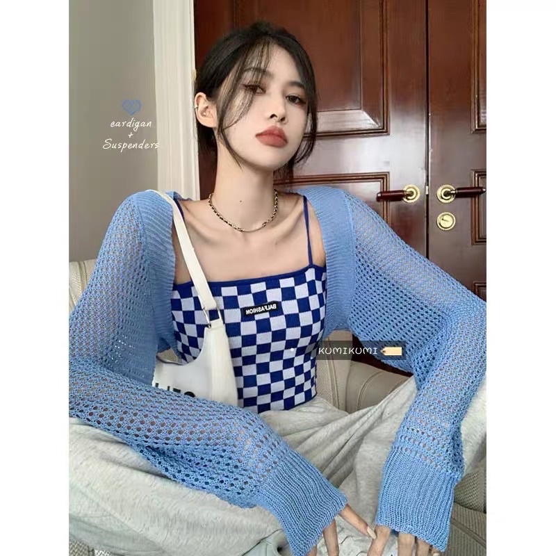 set áo len lưới lửng mix dây len ô caro (27813-2#)