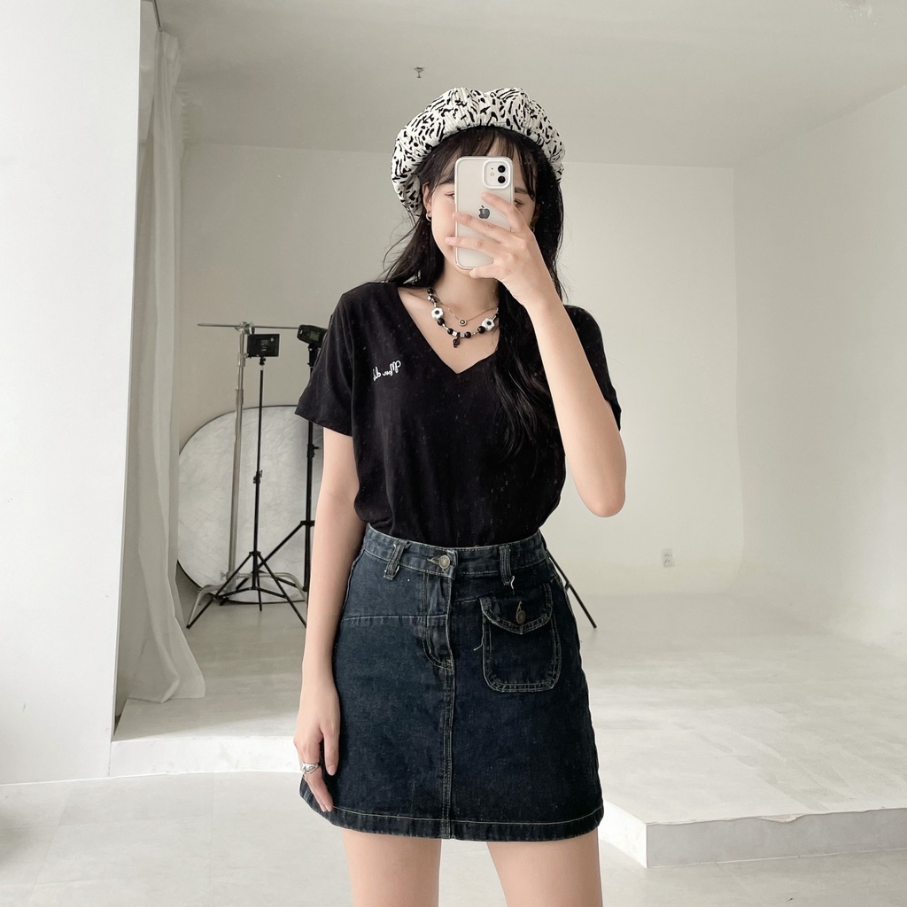 Áo thun nữ Mon vải cotton xược mềm mát kiểu cổ V SS0369