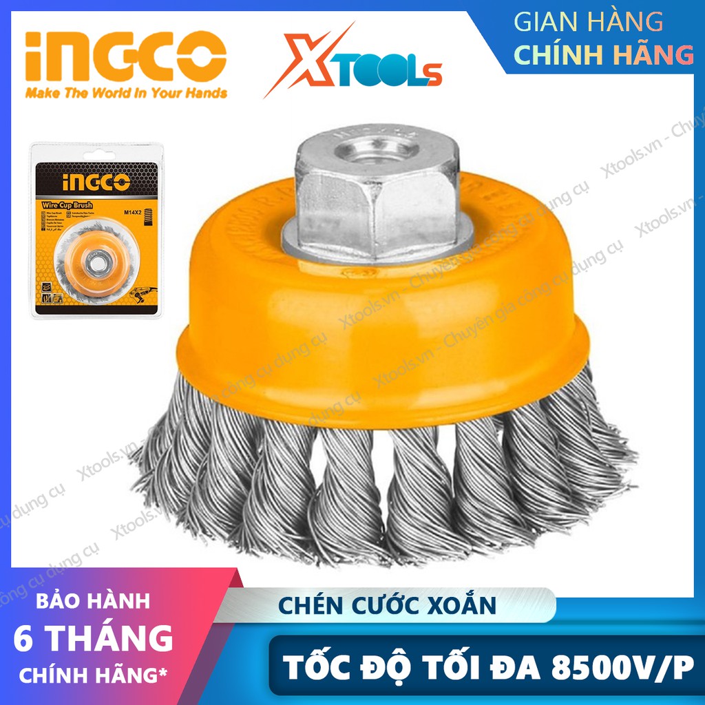 Chén cước xoắn đánh rỉ INGCO 75-150mm chổi cước chà sắt, kim loại, đánh gỉ sét, sơn bong tróc cốt M10x1.5-M14x2.0