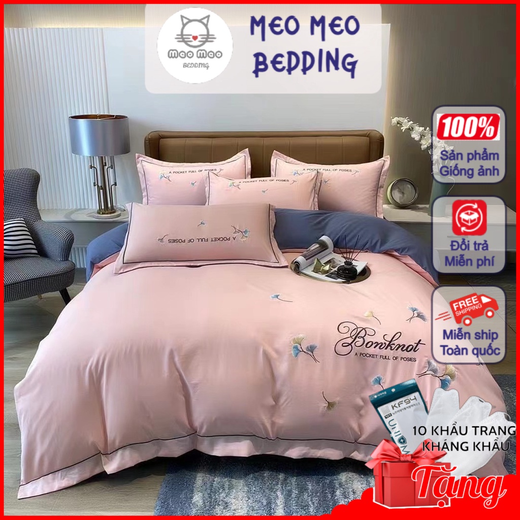 Bộ Chăn Ga Gối Cotton Nilen Bonknot Thêu Họa Tiết Nhập Khẩu Cao Cấp - Sét 4 Món - Cotton Linen