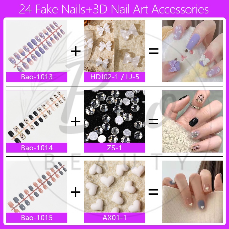 Set 24 Móng Tay Giả 2022 Họa Tiết 3D Kèm Keo Dán