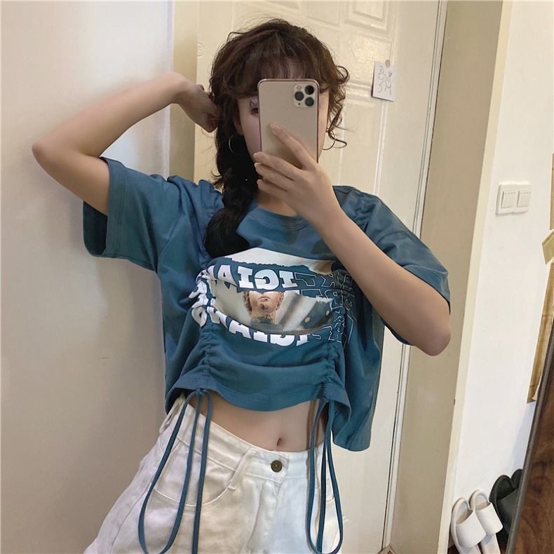 Áo Thun Ngắn Tay Phối Dây Rút Cá Tính Dành Cho Nữ