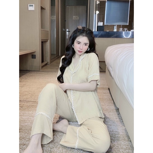 Bộ đồ ngủ pijama tay ngắn quần dài quần đùi chất vải đũi phối ren xốp siêu mịn mát kiểu dáng dễ thương trơn