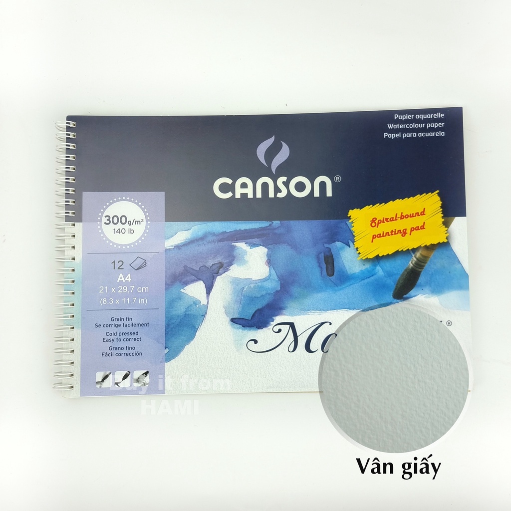 Giấy vẽ Màu nước CANSON MONTVAL PAD A4 12 tờ 300gsm (Vân Mịn HOT)