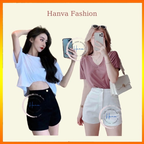 Quần Short kaki Nữ Ôm Mông Lưng Cao Hack Eo Cạp Cúc Chất Kaki Dày Mịn Đứng Form Hanva