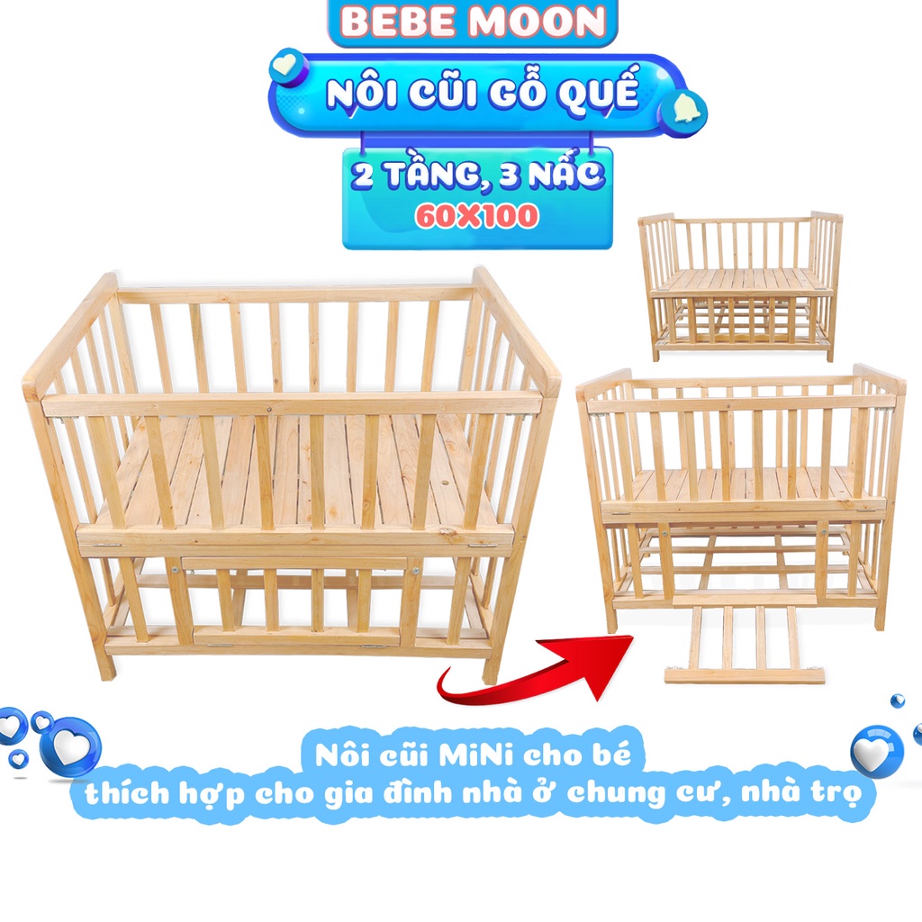 Giường Cũi Cho Bé Có 2 Tầng BeBe Moon - Chất Liệu Gỗ Quế Tự Nhiên Có Giát Để Đồ, Chịu Lực 60kg