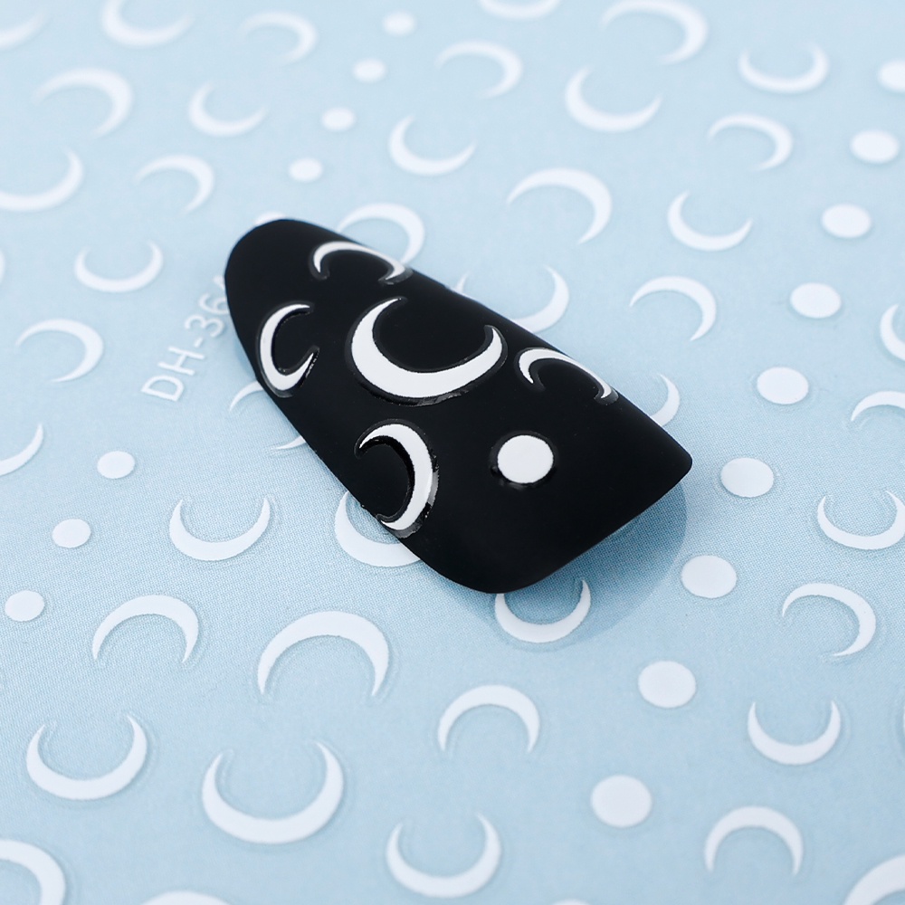 1 Tờ Miếng Dán Móng Tay Chuyển Nước Hình Trăng Lưỡi Liềm 3D Siêu Mỏng Màu Trắng Đen