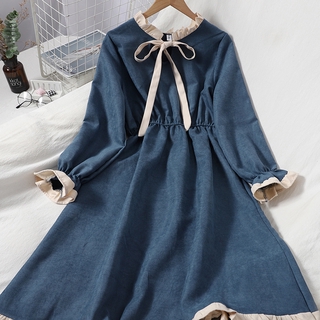 Korean Fashion Female Long Sleeve Round Neck Long Sleeve Dress
