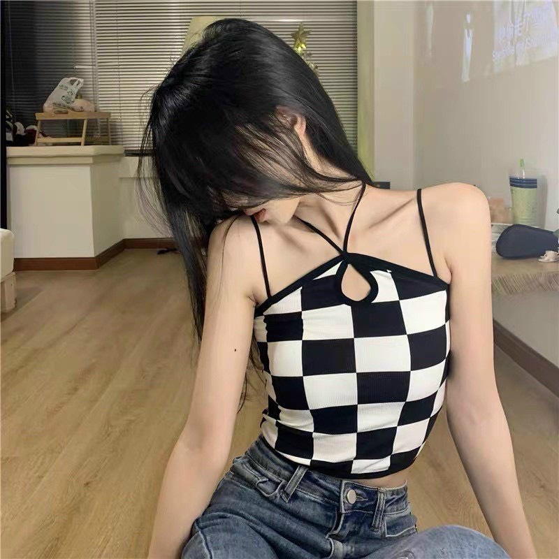 Áo croptop nữ kẻ sọc caro 2 dây luồn dây tròn cột cổ sexy Cá tính nữ