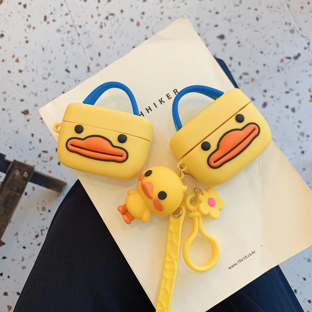 AirPods Pro Case Little Yellow Duck 3d doll Keychian Funny Big Mouth Motif Casing AirPods 3 Apple Airpod Silicone Cover