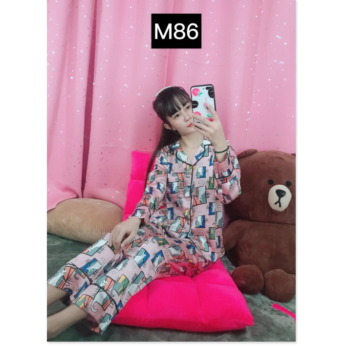 Tập Hợp Set Pizama Nữ Mặc Nhà - Đồ Bộ Pijama Ngủ  Đồ Bộ Ngủ Nữ Tay Da-i Satin Cao Cấp Ho-a Tiê-t Những Chú Mèo Đáng Yêu