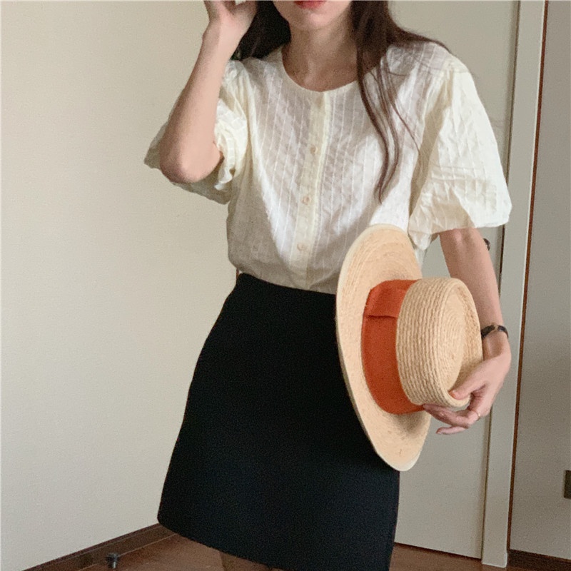 SUXI Áo Thun Tay Ngắn Cổ Tròn Màu Sắc Đơn Giản Phong Cách Vintage Hàn Quốc