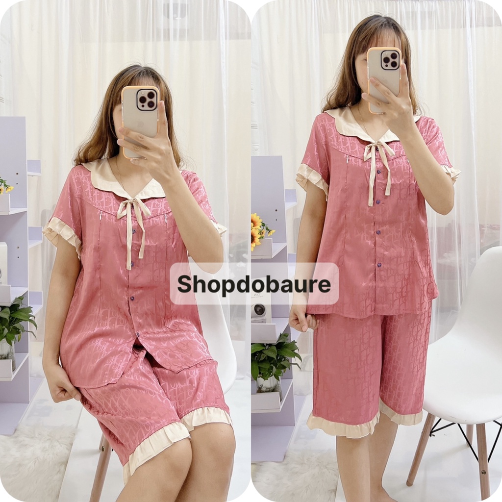 Bộ lụa gấm bầu và sau sinh áo cộc quần lửng MÙA HÈ sang xịn mịn có Nơ cổ - (BL10)