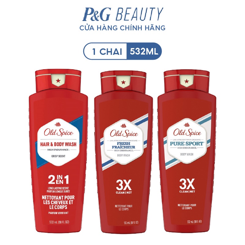 Sữa Tắm Gel Tắm Gội Old Spice Fresh, Pure Sport , 2 in 1 nhiều mùi hương 532ml/chai
