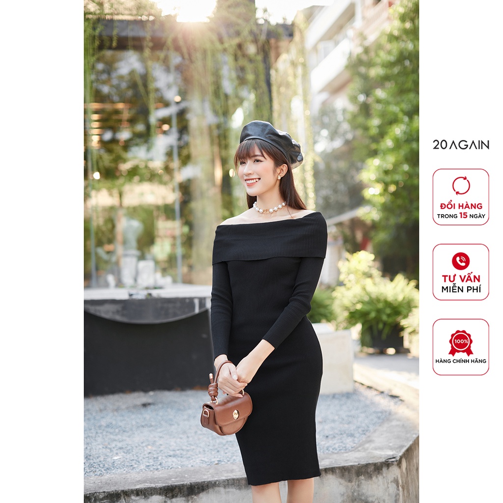 Váy len ôm body trễ vai 20AGAIN, thiết kế basic, tôn dáng DLA0073 | BigBuy360 - bigbuy360.vn