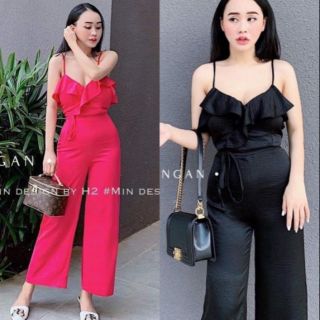 Jumpsuit dài ống suông 2 dây phối bèo Hàng Thiết Kế