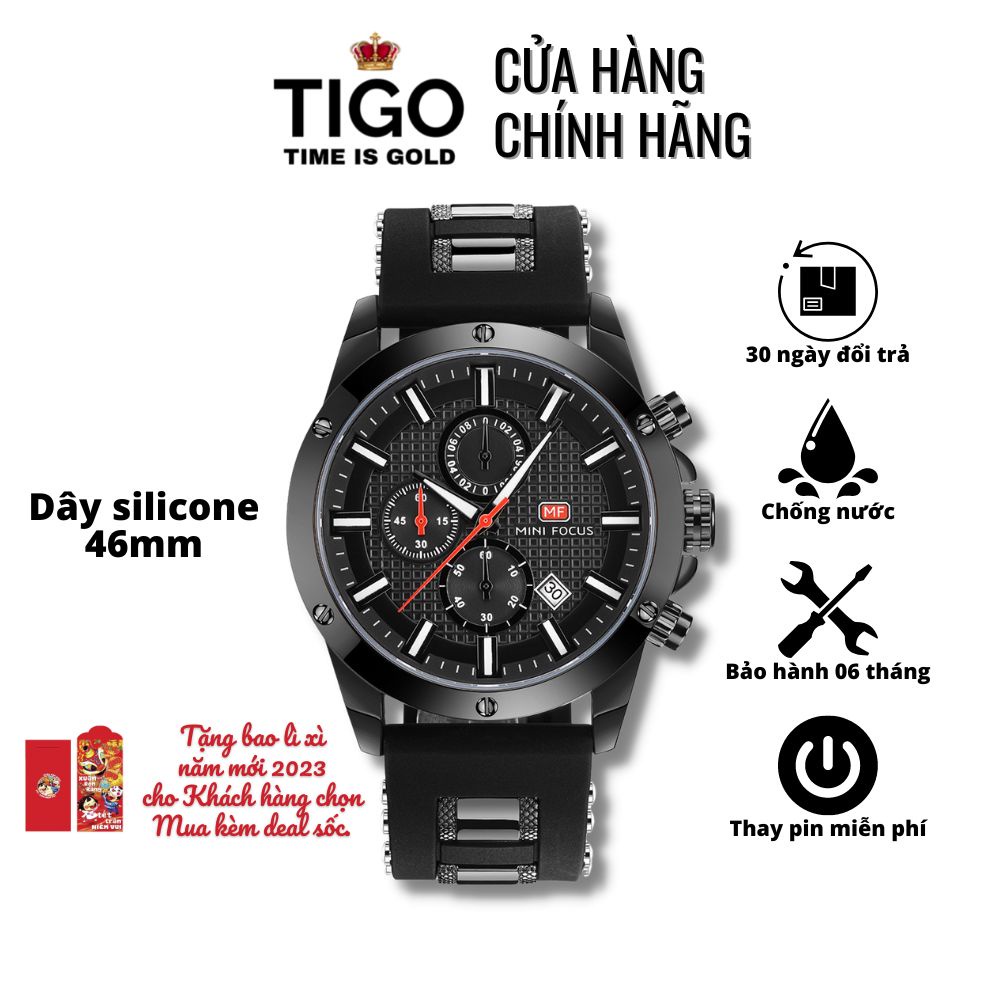 Đồng Hồ Nam MINI FOCUS MF0089G.02 Dây Silicone Đen Viền Đen Thép Không Gỉ Cao Cấp Mặt Tròn Đường Kính 46mm Chống Nước