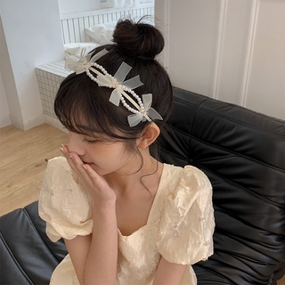 Bờm cài tóc nơ voan đính đá chuỗi ngọc, băng đô trang trí tóc nơ gắn đá phối ngọc