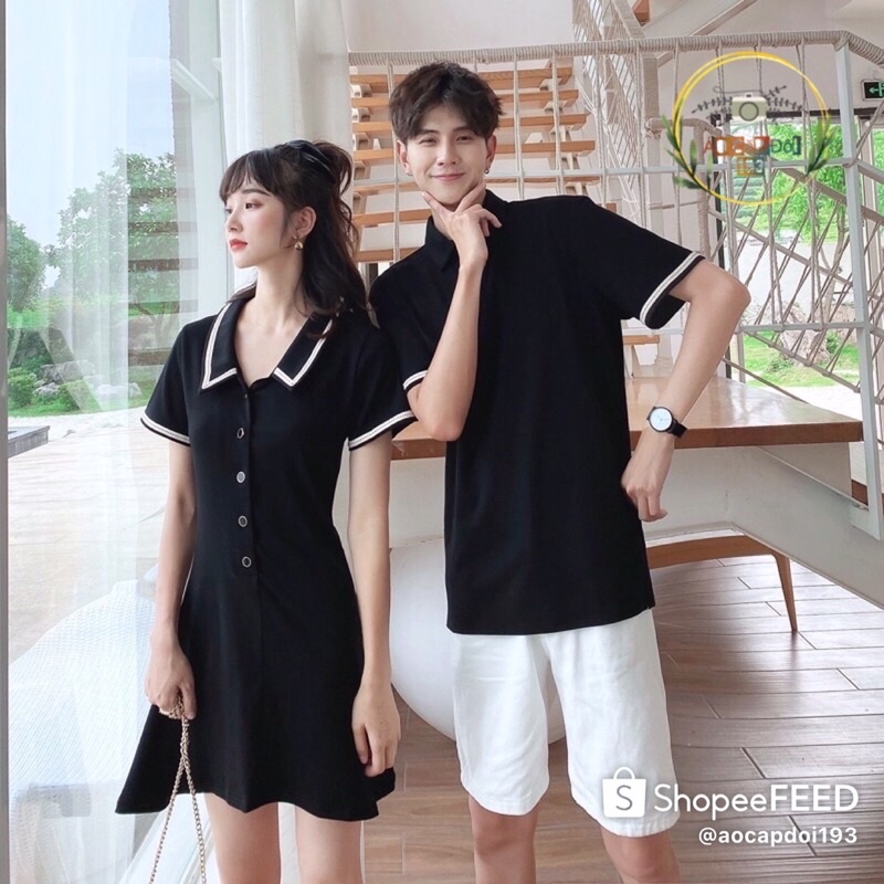 ♚△☬Váy thun đôi đen dáng xòe + Áo polo nam