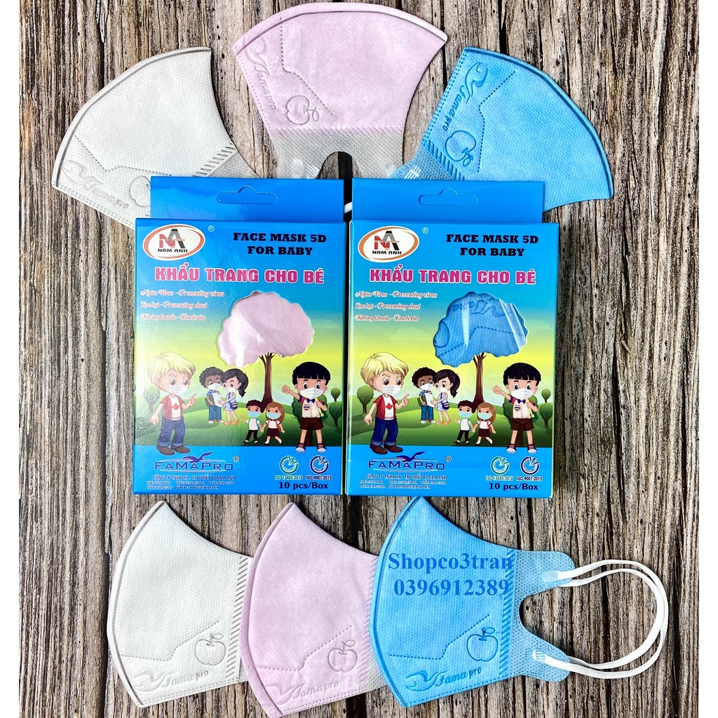 Khẩu trang FAMAPRO 5D BABY MÀU TRƠN 3 lớp kháng khuẩn hộp 10 cái màu Trắng / Xanh / Hồng