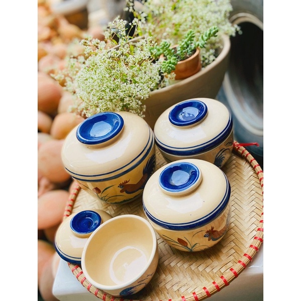 Thố 10  Hoạ Tiết Gà/ Xanh Vẽ Tay Cao Cấp