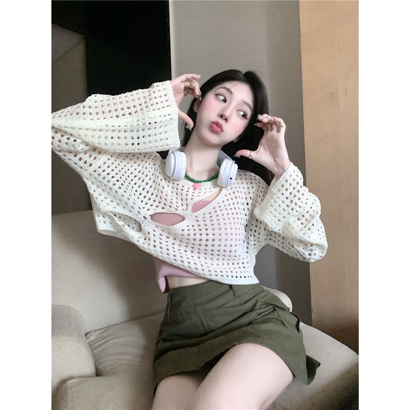 Áo Sweater Dệt Kim Tay Dài Thiết Kế Khoét Lỗ Dáng Ngắn Thời Trang Trẻ Trung