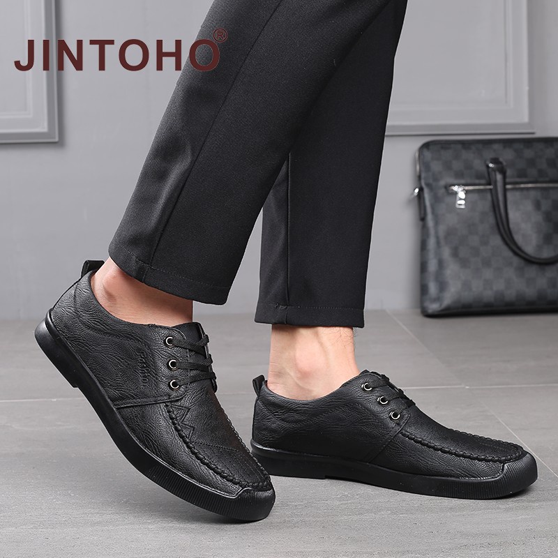 [JINTOHO] Giày Da Bò Cao Su Thắt Dây Thời Trang Công Sở Trang Trọng Màu Đen Cho Nam