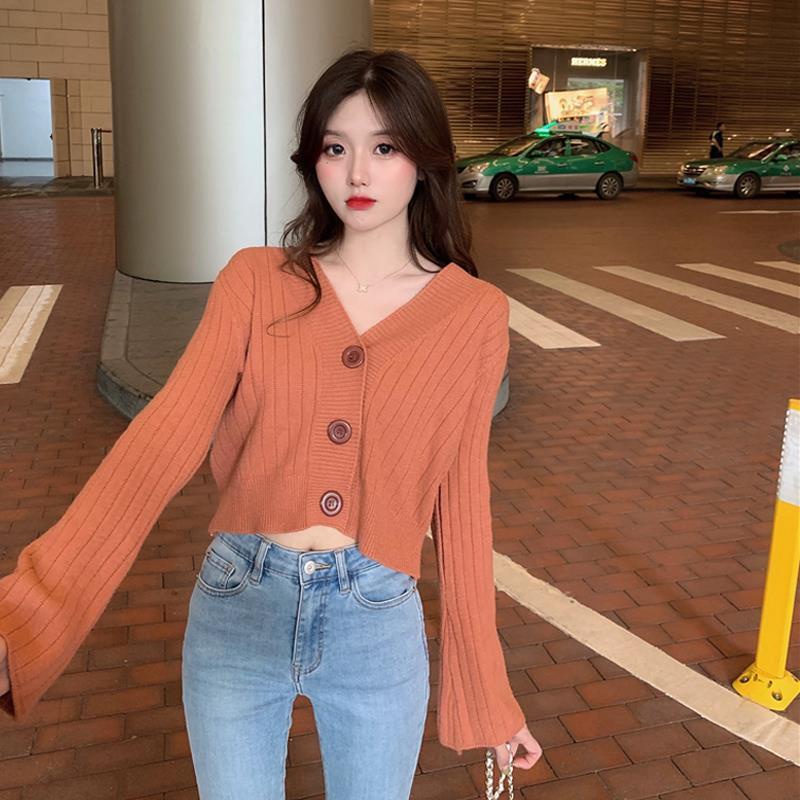 Áo Khoác Cardigan Dệt Kim Tay Dài Cổ Chữ V Phong Cách Hàn Quốc Cho Nữ