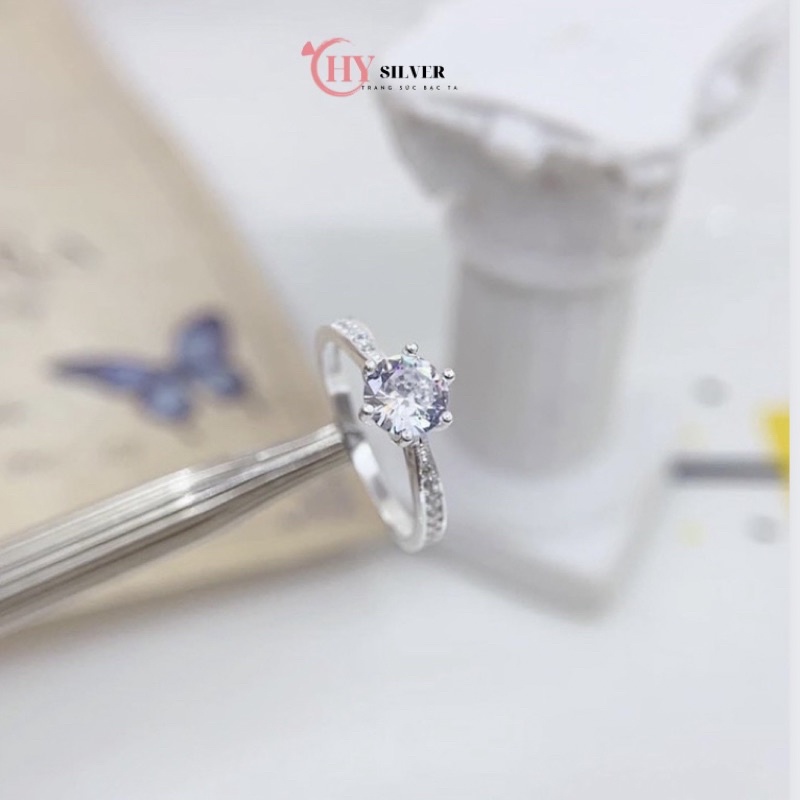 Nhẫn bạc ta đính đá cao 6 cạnh đá chủ 6 ly nhẫn nữ bạc thật giá rẻ