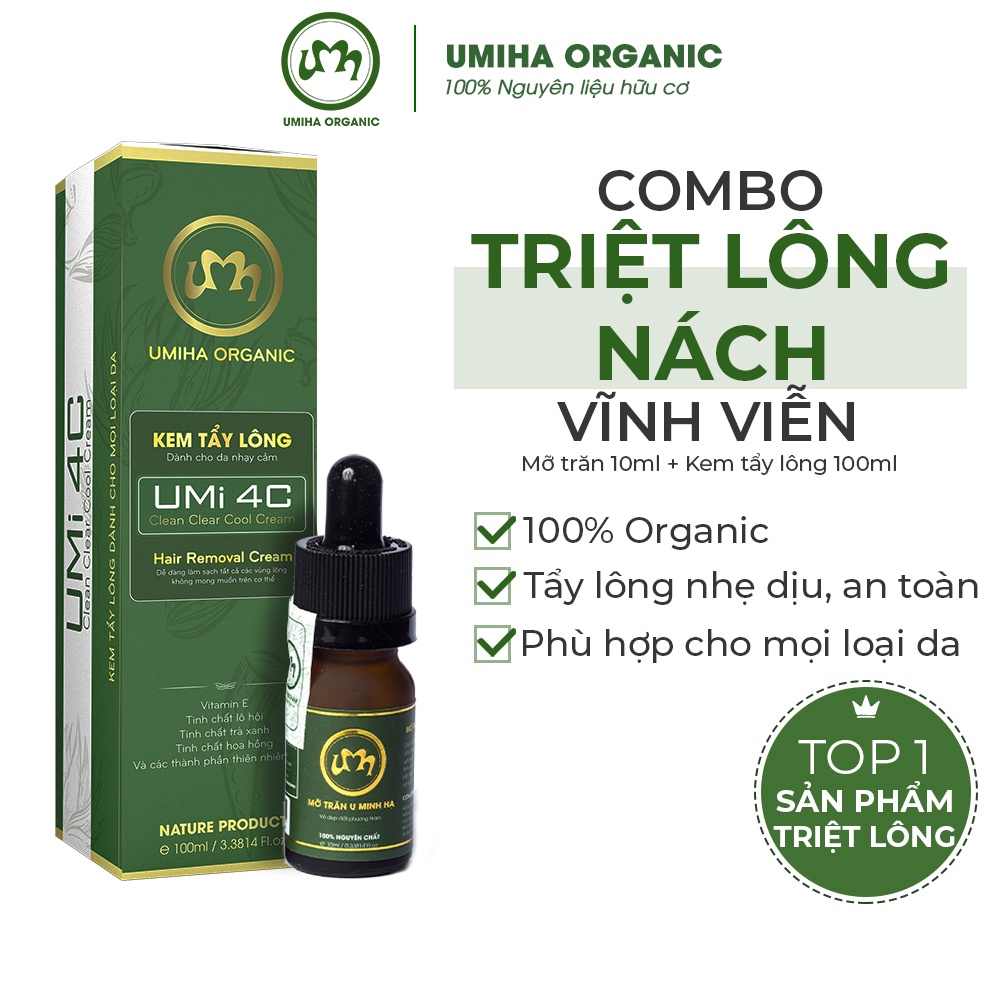 Triệt lông Nách vĩnh viễn UMIHA ORGANIC tại nhà hiệu quả với Mỡ trăn U Minh Hạ 10ml và Kem tẩy lông Umi 4C 100ml