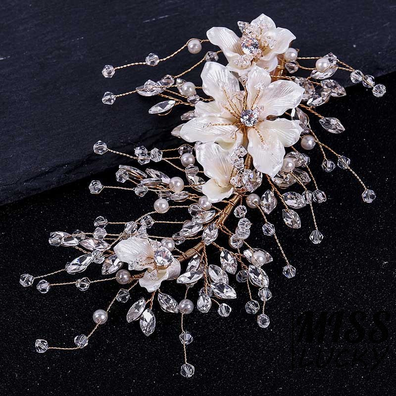 Kẹp tóc đính hoa phối đá và ngọc trai thanh lịch phong cách cổ điển thời trang cho nữ