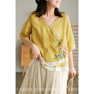 Áo Sơ Mi Nữ Mùa Hè Nhỏ Áo Thun Cổ Chữ V Thêu Phong Cách Trung Hoa Retro Thời Gian 2021 Dân Tộc Phong Cách Nữ Rời Vải Lanh Cotton