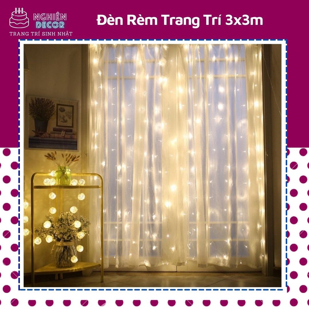 Đèn trang trí rèm 3x3m 16 dây thả, quà tặng ngày 8/3, đèn led rèm màu vàng ấm trang trí background sinh nhật sự kiện,...