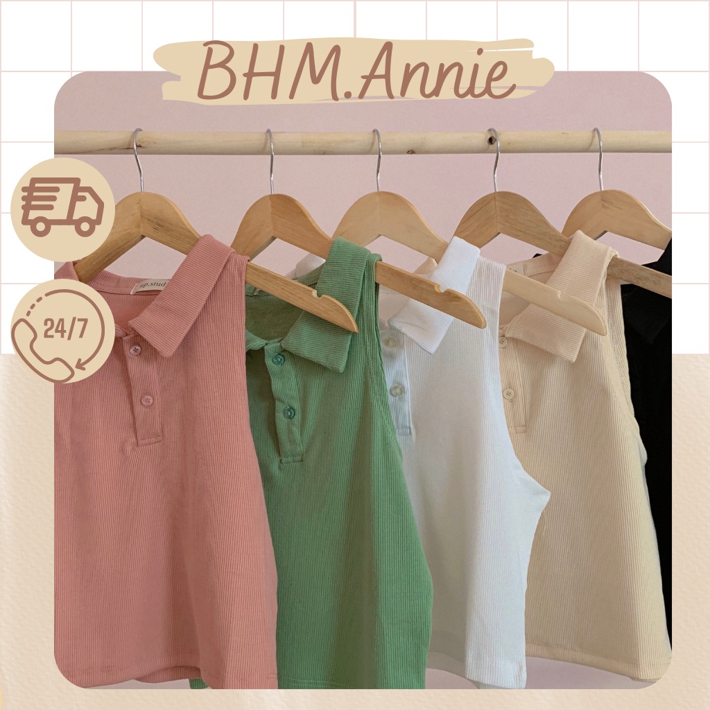 Áo croptop polo nữ kiểu ôm có cổ, áo ba lỗ croptop ôm body cổ v len tăm sát nách 5 màu pastel - BHM.Annie