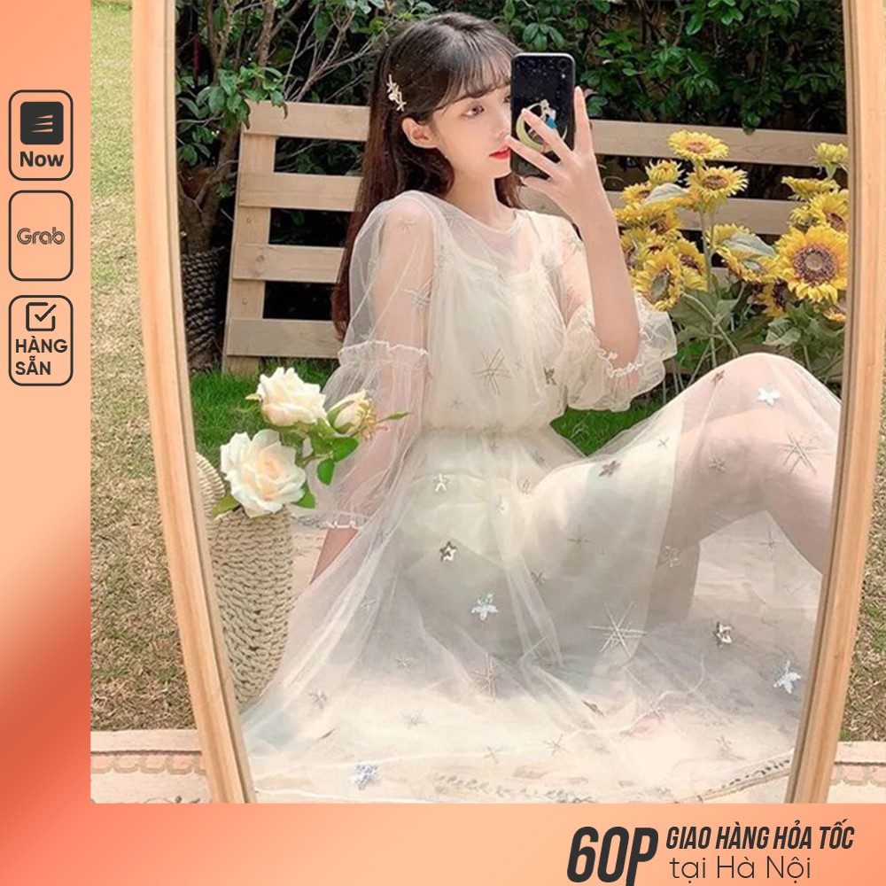 Váy Công Chúa 2 Lớp Lấp Lánh Blink Blink/ Đầm Xòe Tay Lỡ Họa Tiết Ngôi Sao Xinh Xắn V00022
